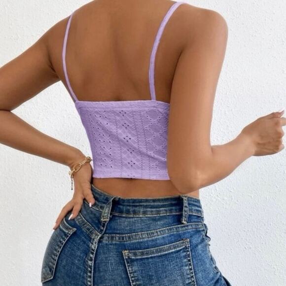 NWOT Shein Lavender Purple Eyelet Lace Tie Front Cami Crop Top Size Small - Picture 4 of 9